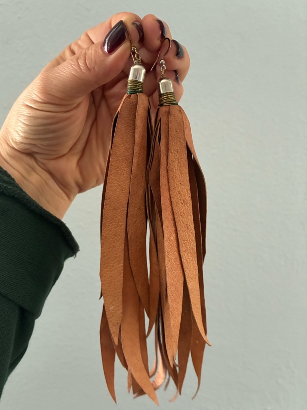 Tassel Leather Fringe Drop Earrings - Tan